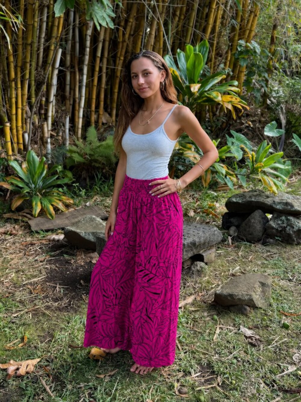 Makai Beach Wear Pink Hawaiian Leaf-Print Wide Leg Pants Size S/M
